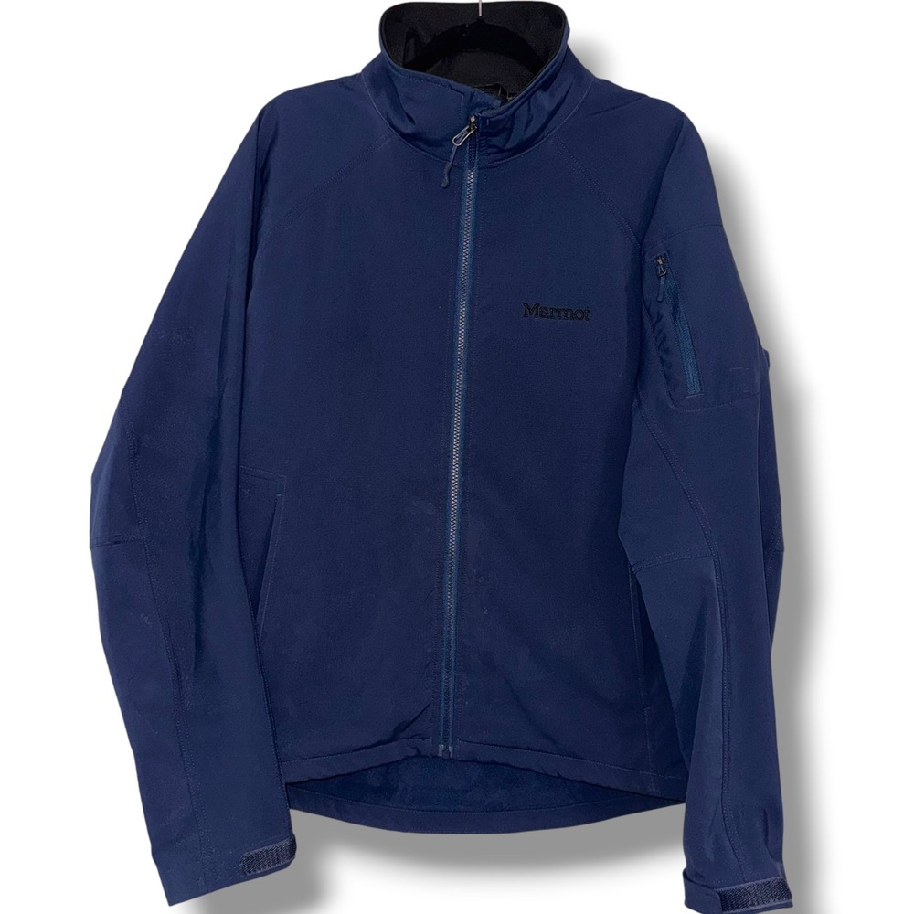 Marmot Softshell Jacket Mens Large Navy Blue Full Zip Fleece Lined Pocket